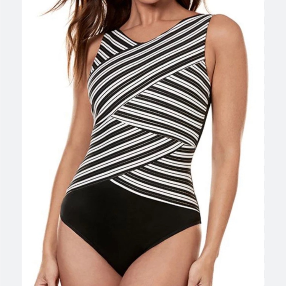 Miraclesuit Black and White Striped One-Piece Swimsuit